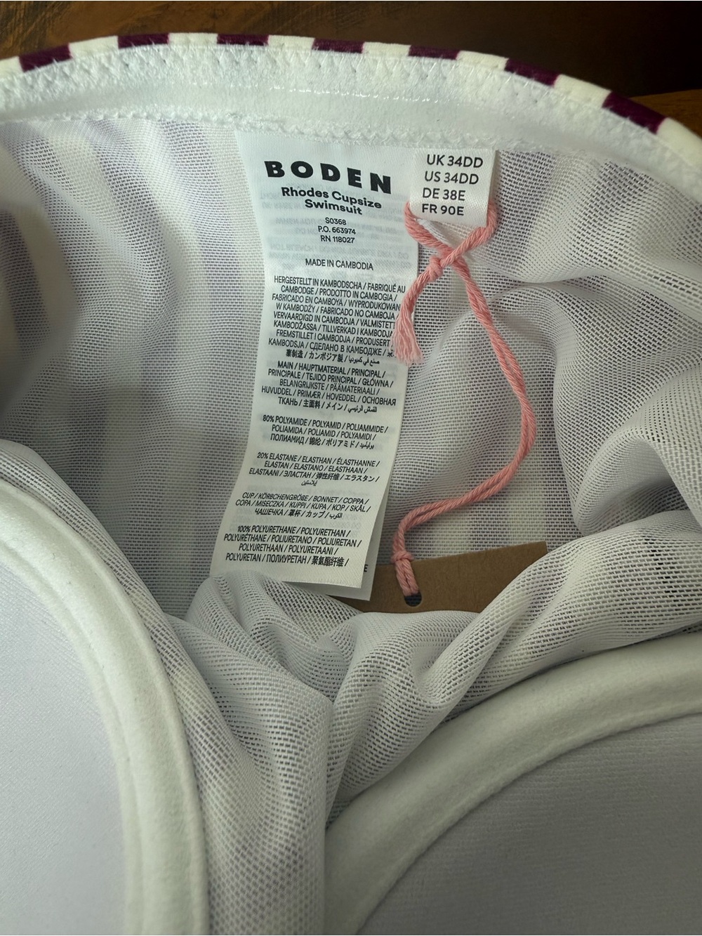 BODEN Women’s Rhodes Cup-Size Swimsuit | Chocberry, Ivory Stripe Size 34DD - Picture 7 of 12